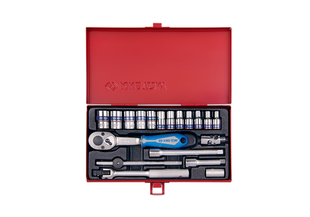 ZESTAW NASADEK 1/4''  19cz. KRÓTKIE,  12-kąt.  4 - 13mm  Z  AKCESORIAMI, CHROM, KASETA