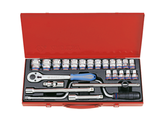 ZESTAW NASADEK  1/2''   24cz.  KRÓTKIE  6-kąt.  10 - 32mm  Z  AKCESORIAMI, CHROM, KASETA