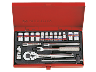 ZESTAW NASADEK 1/4''  18cz. KRÓTKIE,  6/8-kąt. CALOWE  5/32 - 1/2''  Z  AKCESORIAMI, CHROM, KASETA