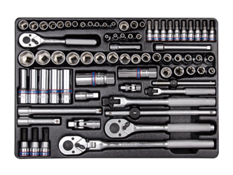KPL. NASADEK 1/4'' + 3/8'' 75cz. KRÓTKIE / DŁUGIE / IMBUSY / GWIAZDKI, 6-kąt. 4 - 22mm Z AKCESORIAMI, CHROM, WKŁAD DO WÓZKA