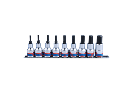 ZESTAW NASADEK  Z  KOŃCÓWKĄ  HEX  1/2''   9 cz. KRÓTKIE  3 - 14mm  CHROM, ZESTAW NA SZYNIE