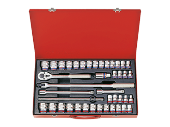 ZESTAW NASADEK 1/2'' 42cz. KRÓTKIE 12-kąt. 10 - 32mm, CALOWE 5/16'' - 1.1/4'' Z AKCESORIAMI, CHROM, KASETA