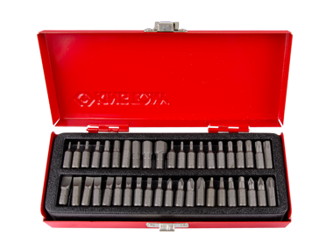 ZESTAW BITÓW 1/4'' 42cz. PŁASKIE 3 - 8mm, PH0 - PH3, PZ1 - PZ3, HEX  1,5 - 10mm,  TORX  T6 - T40, KWADRAT R0 - R3, KASETA