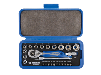 ZESTAW NASADEK 1/4''  26cz. KRÓTKIE,  12-kąt.  4 - 14mm  Z  AKCESORIAMI, CHROM, KASETA