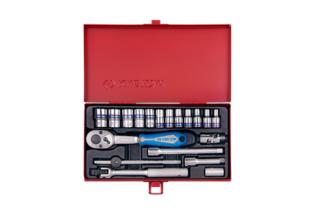 ZESTAW NASADEK 1/4''  19cz. KRÓTKIE,  6-kąt.  4 - 13mm  Z  AKCESORIAMI, CHROM, KASETA
