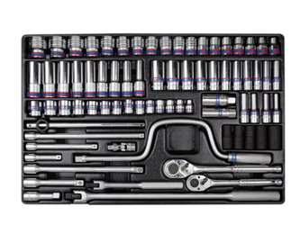KPL. NASADEK 3/8" + 1/2" KRÓTKIE/DŁUGIE 76cz. 8 - 32mm, Z AKCESORIAMI, CHROM, WKŁAD DO WÓZKA