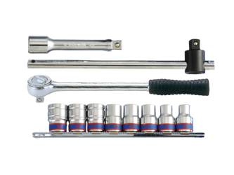 ZESTAW NASADEK  1/2''   11cz.  KRÓTKIE  6-kąt.  10 - 19mm  Z  AKCESORIAMI, CHROM, SZYNA,  BLISTER