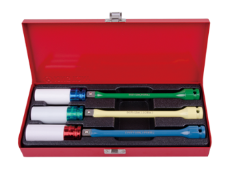 ZESTAW DŁUGICH NASADEK  UDAROWYCH  1/2'' DO FELG ALUMINIOWYCH 6cz. 6-kąt.  17, 19, 21mm + PRZEDŁUŻKI Z BLOKADĄ, KASETA