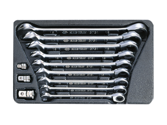 ZESTAW KLUCZY PŁASKO-OCZKOWYCH Z GRZECHOTKĄ DWUKIERUNKOWĄ12cz.10-19mm Z AKCESORIAMI, WKŁAD DO WÓZKA