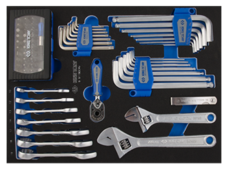 KPL. BITÓW + KLUCZE PŁASKO-OCZKOWE + AKCESORIA 90cz., CHROM, WKŁAD Z PIANKI, DO WÓZKA