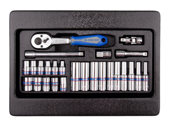 ZESTAW NASADEK 1/4'' 26cz. KRÓTKIE / DŁUGIE, 6-kąt. 4 - 13mm Z AKCESORIAMI, CHROM, WKŁAD DO WÓZKA