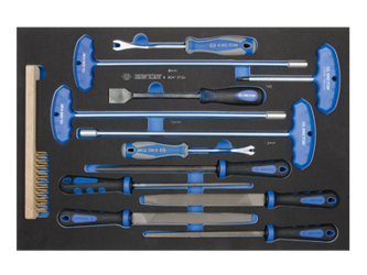 KPL. 13cz. SZCZOTKA DRUCIANA + KLUCZE NASADOWE + TORX T45 + PILNIKI + PRZYRZĄDY DO DEMONTAŻU TAPICERKI, WKŁAD Z PIANKI, DO WÓZKA