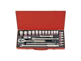 ZESTAW NASADEK 1/2'' 24cz. KRÓTKIE 6-kąt. CALOWE 5/16'' - 1.1/4'' Z AKCESORIAMI, CHROM, KASETA