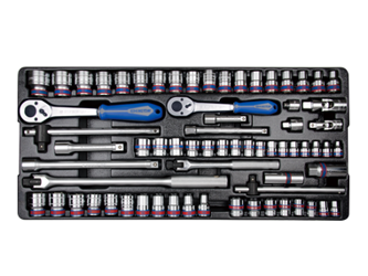 KPL. NASADEK 3/8" + 1/2" 69cz. KRÓTKIE 12-kąt. 6 - 32mm, CALOWE 3/8" - 13/16"  Z  AKCESORIAMI, CHROM, WKŁAD DO WÓZKA