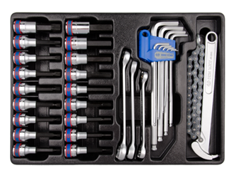 KPL. NASADKI Z BITAMI 1/2'' 20cz. IMBUSY DŁUGIE HEX Z KULKĄ 9cz. KLUCZ ŁAŃCUCHOWY  DO  FILTRA  OLEJU  3204, WKŁAD DO WÓZKA