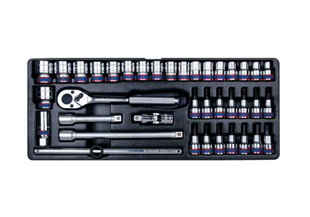 KPL. NASADEK  1/2'' 38cz. KRÓTKIE 6-kąt. 10 - 32mm, HEX 4 - 12, KPL. WKRĘTAKÓW, TORX T25 - T40  Z  AKCESORIAMI, WKŁAD DO SKRZYNI