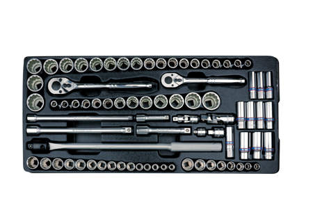 KPL. NASADEK 3/8" + 1/2" 78cz. KRÓTKIE/DŁUGIE 6/12-kąt. 8 - 32mm, CALOWE 3/8" - 1-1/4",  Z AKCESORIAMI, WKŁAD DO WÓZKA