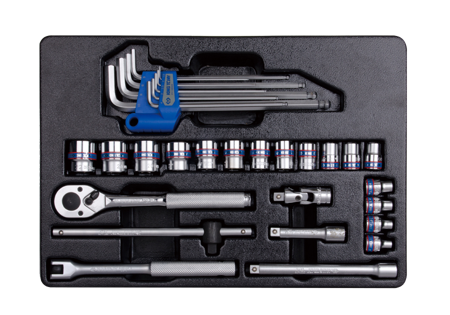 KPL. NASADEK 3/8"  31cz.  KRÓTKIE  6-kąt.  6 - 22mm  Z  AKCESORIAMI + ZESTAW IMBUSÓW 1.5 - 10mm, CHROM, WKŁAD DO WÓZKA