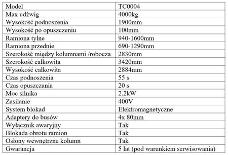 Podnośnik dwukolumnowy automatyczny z systemem APS 4000kg TC0004