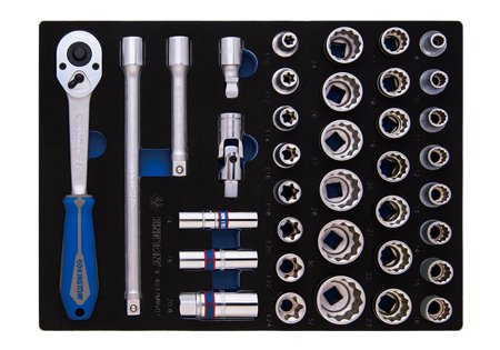 ZESTAW NASADEK 1/2" 37cz. KRÓTKIE 12-kąt. 8 - 32mm Z AKCESORIAMI, CHROM, WKŁAD Z PIANKI, DO WÓZKA