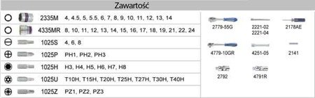 ZESTAW NASADEK 1/4"+1/2" 58cz.4 - 24mm 6-KĄT.+ BITY Z AKCESORIAMI, CHROM, KASETA