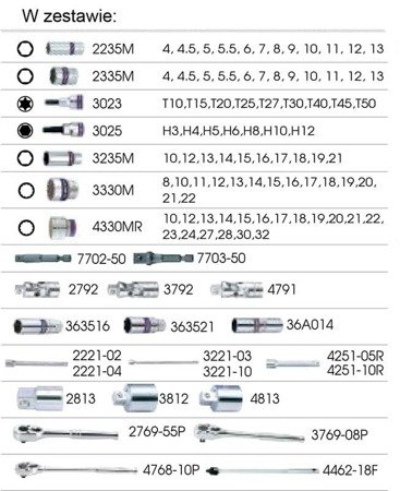 ZESTAW NASADEK 1/4"+3/8"+1/2" 103cz. 6-kąt./12-kąt 4 - 32mm Z AKCESORIAMI, CHROM, WKŁAD Z PIANKI, DO WÓZKA