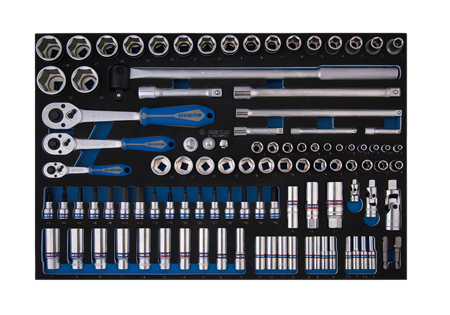 ZESTAW NASADEK 1/4"+3/8"+1/2" 103cz. 6-kąt. 4 - 32mm Z AKCESORIAMI, CHROM, WKŁAD Z PIANKI, DO WÓZKA