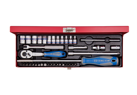 ZESTAW NASADEK 1/4''  39cz. KRÓTKIE,  6-kąt.  4 - 13mm + BITY,  Z  AKCESORIAMI, CHROM, KASETA