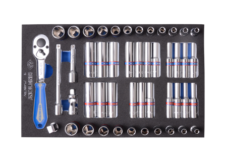 ZESTAW NASADEK 1/4" 48cz. KRÓTKIE/DŁUGIE, 6-kąt. 4 - 13mm, CALOWE  5/32"-1/2" Z AKCESORIAMI, CHROM, WKŁAD Z PIANKI DO WÓZKA