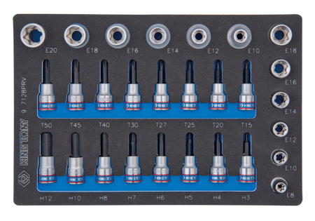 ZESTAW NASADEK 3/8" + 1/2", HEX H3 - H12, TORX T15 + T50, GWIAZDKI E8 - E20, WKŁAD Z PIANKI, DO WÓZKA
