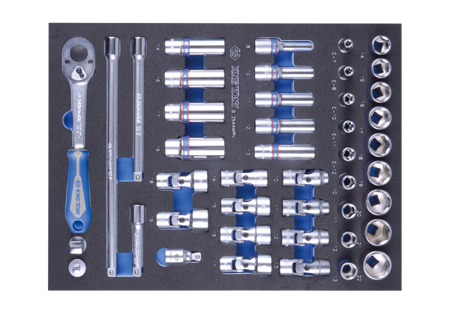 ZESTAW NASADEK 3/8'' 44cz. KRÓTKIE 6-kąt.10-22mm,DŁUGIE 12-kąt. 8-19mm, Z AKCESORIAMI, CHROM, WKŁAD Z PIANKI, DO WÓZKA