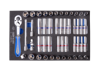 ZESTAW NASADEK 1/4" 48cz. KRÓTKIE/DŁUGIE, 6-kąt. 4 - 13mm, CALOWE  5/32"-1/2" Z AKCESORIAMI, CHROM, WKŁAD Z PIANKI DO WÓZKA